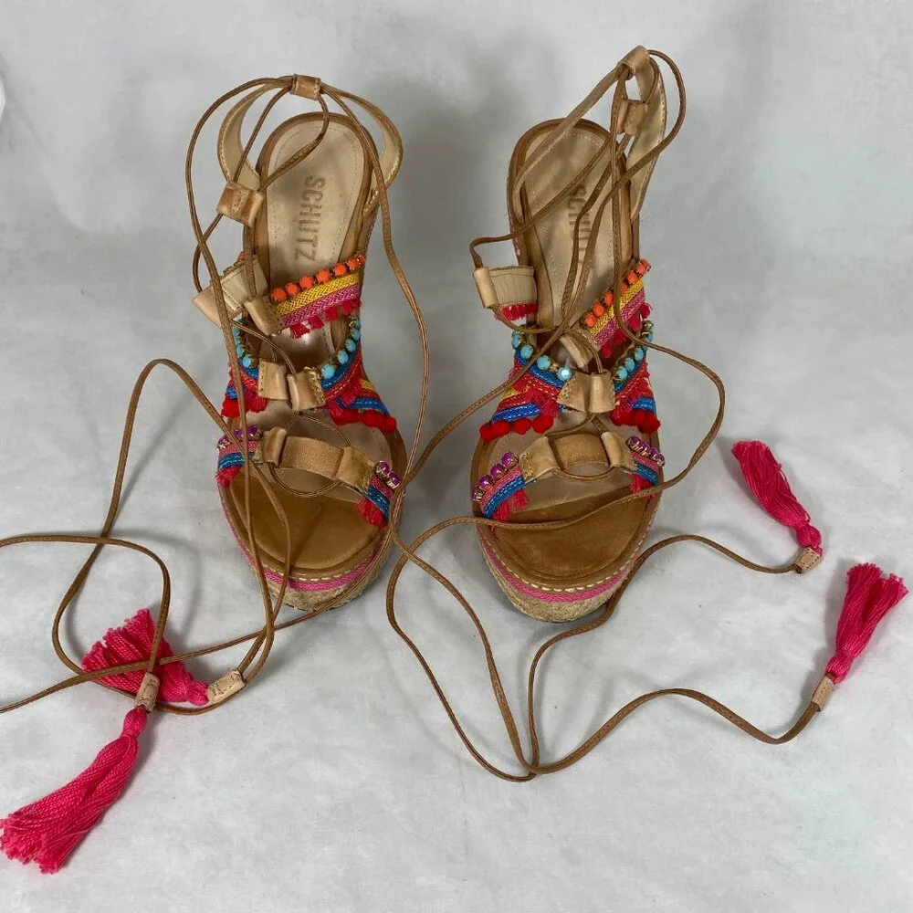 NEW Schutz Mella Espadrille Wedge Heel Sandal Pom Pom Jeweled 8.5